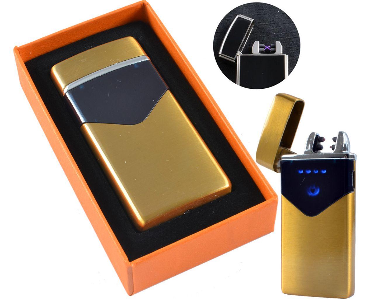 Електроімпульсна USB Запальничка подарункова дві блискавки, індикатор заряду Gold Wire Drawing