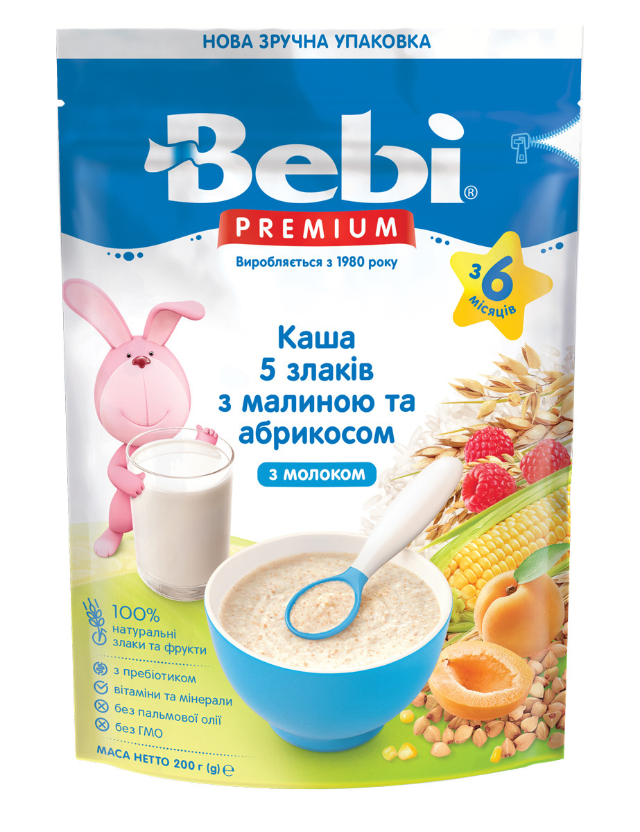 Каша молочна 5 злаків з малиною і абрикосом з 6 міс, 250г Bebi Premium (Бебі Преміум)