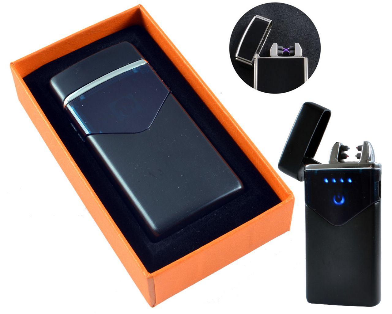 Електроімпульсна USB Запальничка подарункова дві блискавки, індикатор заряду Business Black