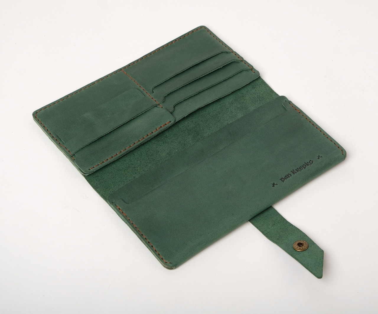 Чоловічий шкіряний гаманець портмоне з кишенею для карток і копійок на кнопці лонгер зелене Promo ручної роботи