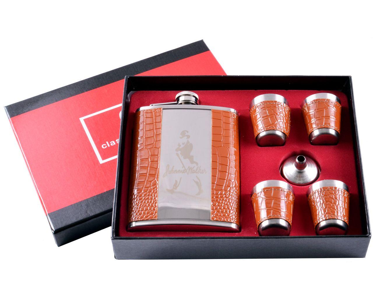 Подарунковий набір 6в1 "Johnnie Walker" Фляга, 4 чарки, лійка Коричневий