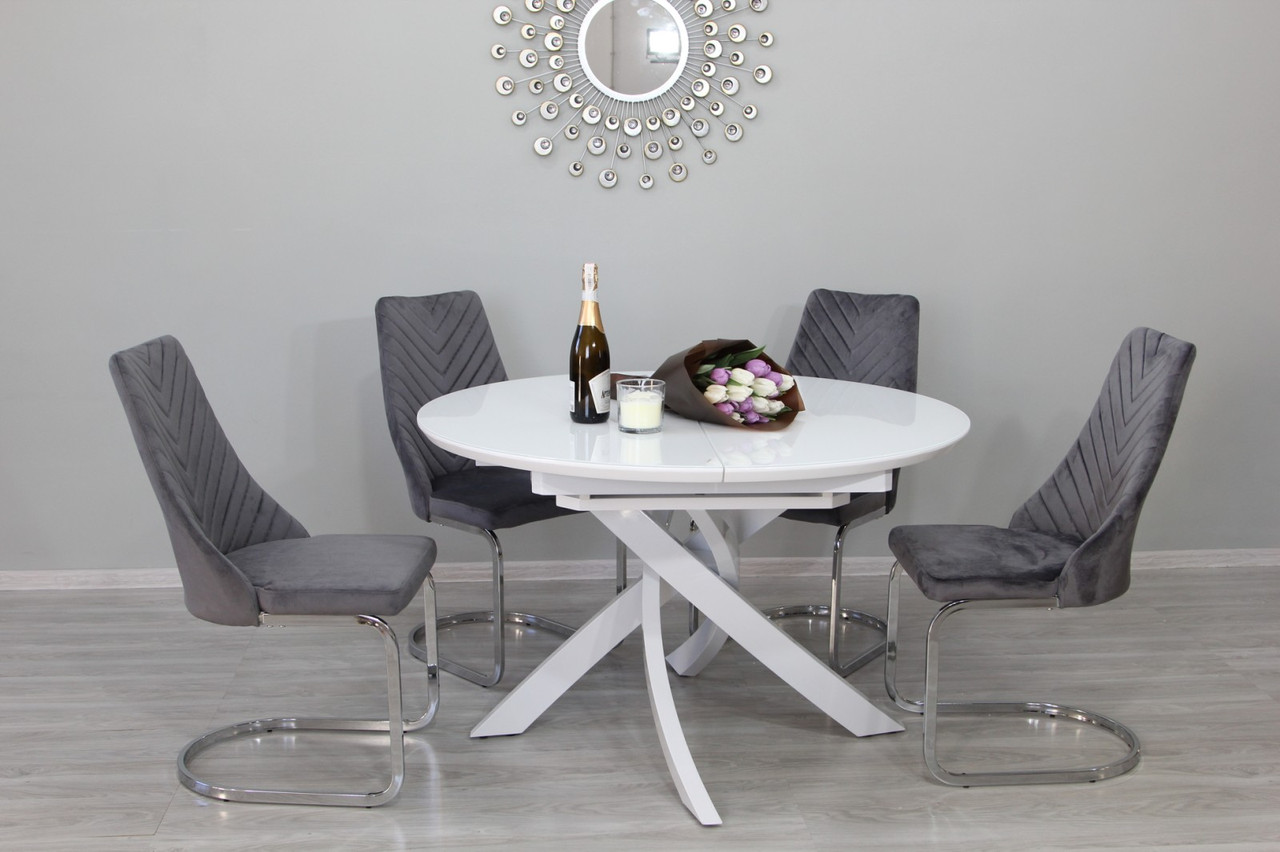 Стіл обідній  круглий розкладний  в сучасному стилі Caezar 120 (Цезар)  Super white satin Evrodim, колір білий сатин