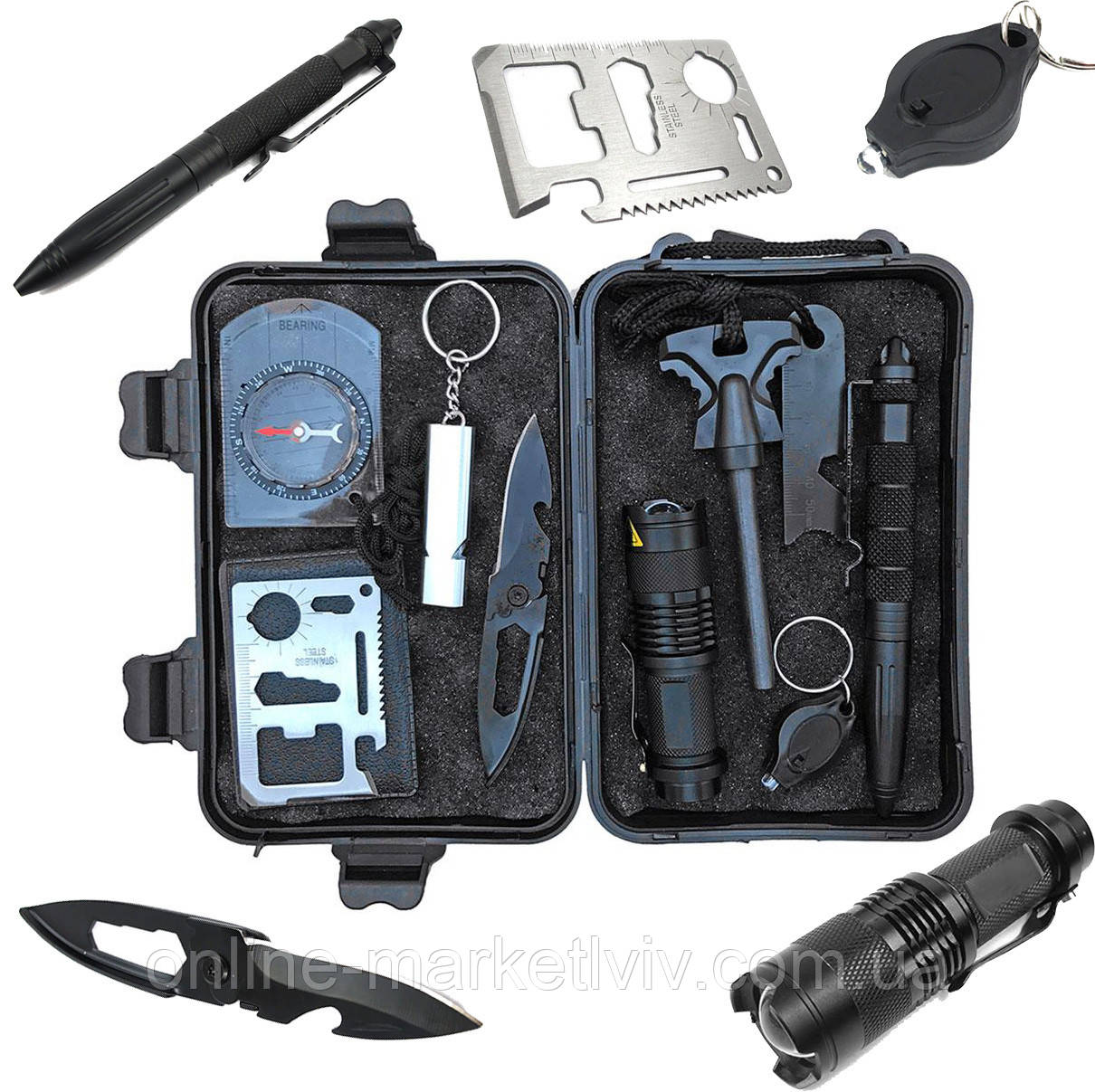 Туристичний набір інструментів 9 в 1 Black Kit NJ-001, у кейсі / Комплект для виживання і туризму