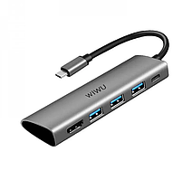 Перехідник WiWU Alpha 5в1 хаб HUB USB-C to 3xUSB3.0+Type-C+HDMI концентратор для ноутбука MacBook розгалужувач