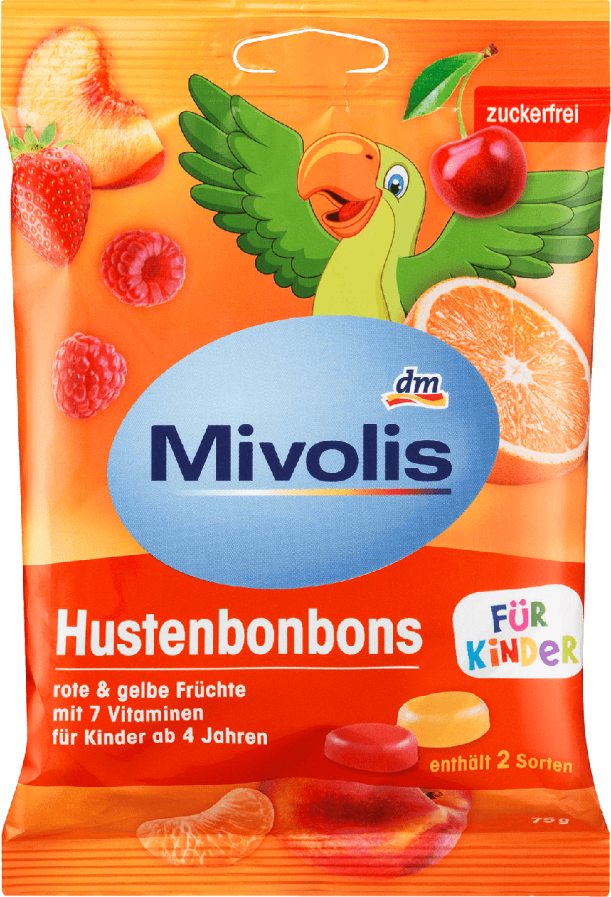 Фруктові льодяники без цукру для дітей Mivolis Hustenbonbons für Kinder, 75 г (27шт)