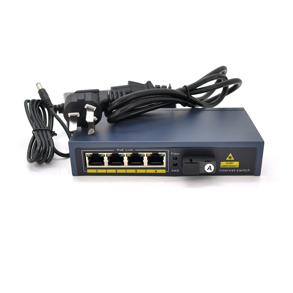 Комутатор POE 48V/57V 4 порти PoE +1 порт Ethernet FX 155 Мбіт/с (UP-Link) A, 802.3af, Black, БП в комплекті,