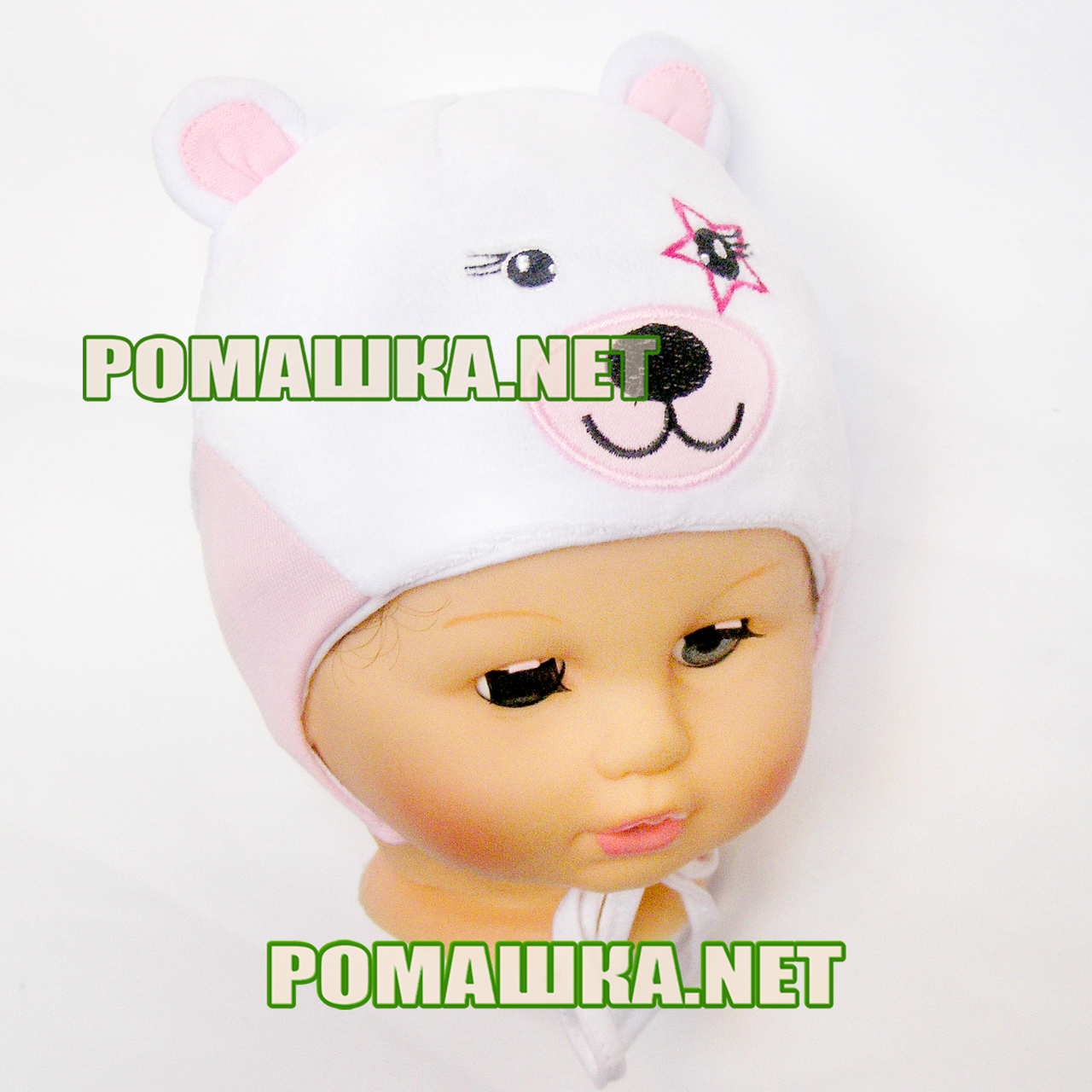 Детская 38 1-3 месяца весенняя осенняя велюровая шапочка для новорожденных с завязками подкладкой 3546 Розовый - фото 1 - id-p1368252416