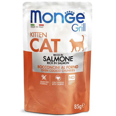 Консервований корм для Кошенят Monge (Монж) Grill Kitten Salmon - з Лососем шматочки в желе 85 гр.