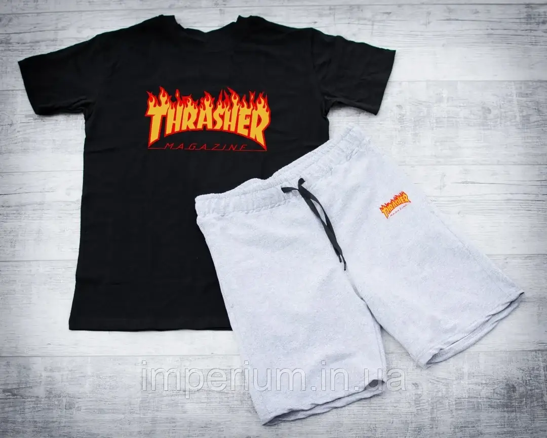 Спортивний літній костюм з вогняним логотипом thrasher magazine | комплект чорна футболка та сірі шорти