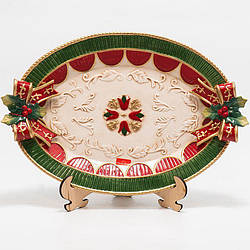 Новорічна страва овальна, зелена з червоним, 44 см