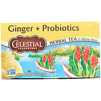 Лікувальні чаї Celestial Seasonings, Herbal Tea, Ginger + Probiotics, Caffeine Free, 16 Tea Bags, 0.85 oz (24 g), оригінал.