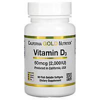 Витамин D-3 California Gold Nutrition, , 50 мкг (2000 МЕ), 90 мягких капсул из рыбного желатина - Оригинал