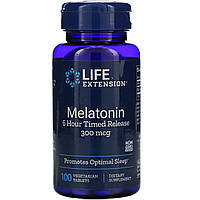 Мелатонин Life Extension, Мелатонин, 6-часовое высвобождение, 300 мкг, 100 растительных таблеток - Оригинал