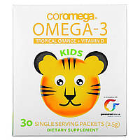 Coromega, Kids, Omega-3, тропический апельсин + витамин D, 30 одноразовых пакетиков (2,5 г) - Оригинал