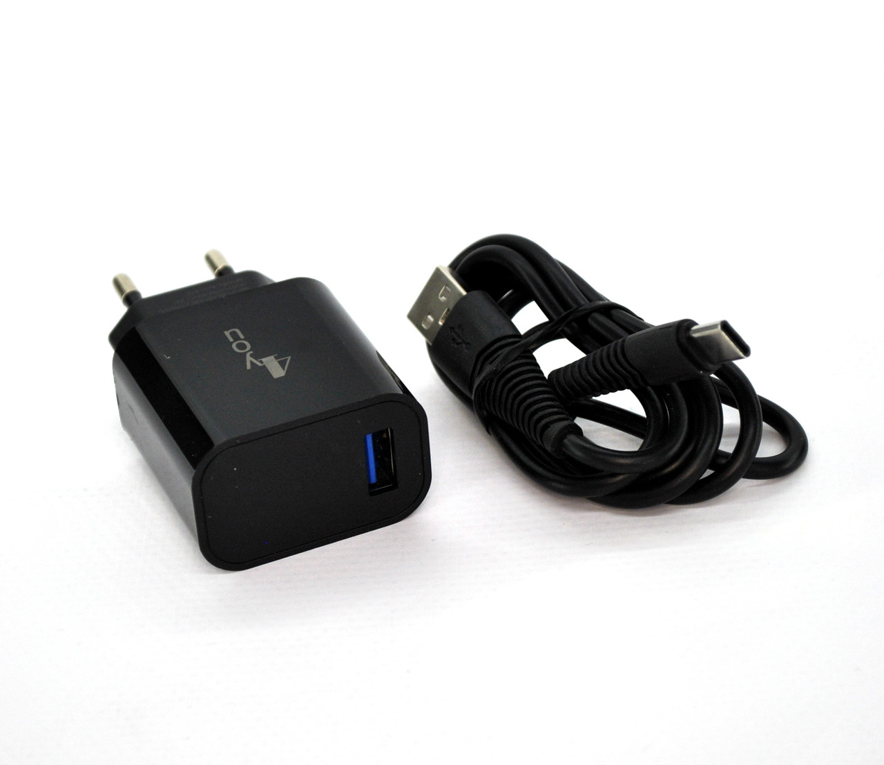 Зарядний пристрій USB 4you A12 (1,2A, 1 USB, Led підсвічування) з кабелем Type C black