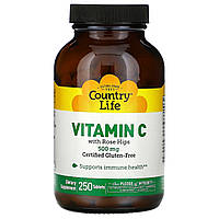 Аскорбінова кислота Country Life, Vitamin C with Rose Hips, 500 mg, 250 Tablets, оригінал. Доставка від 14 днів