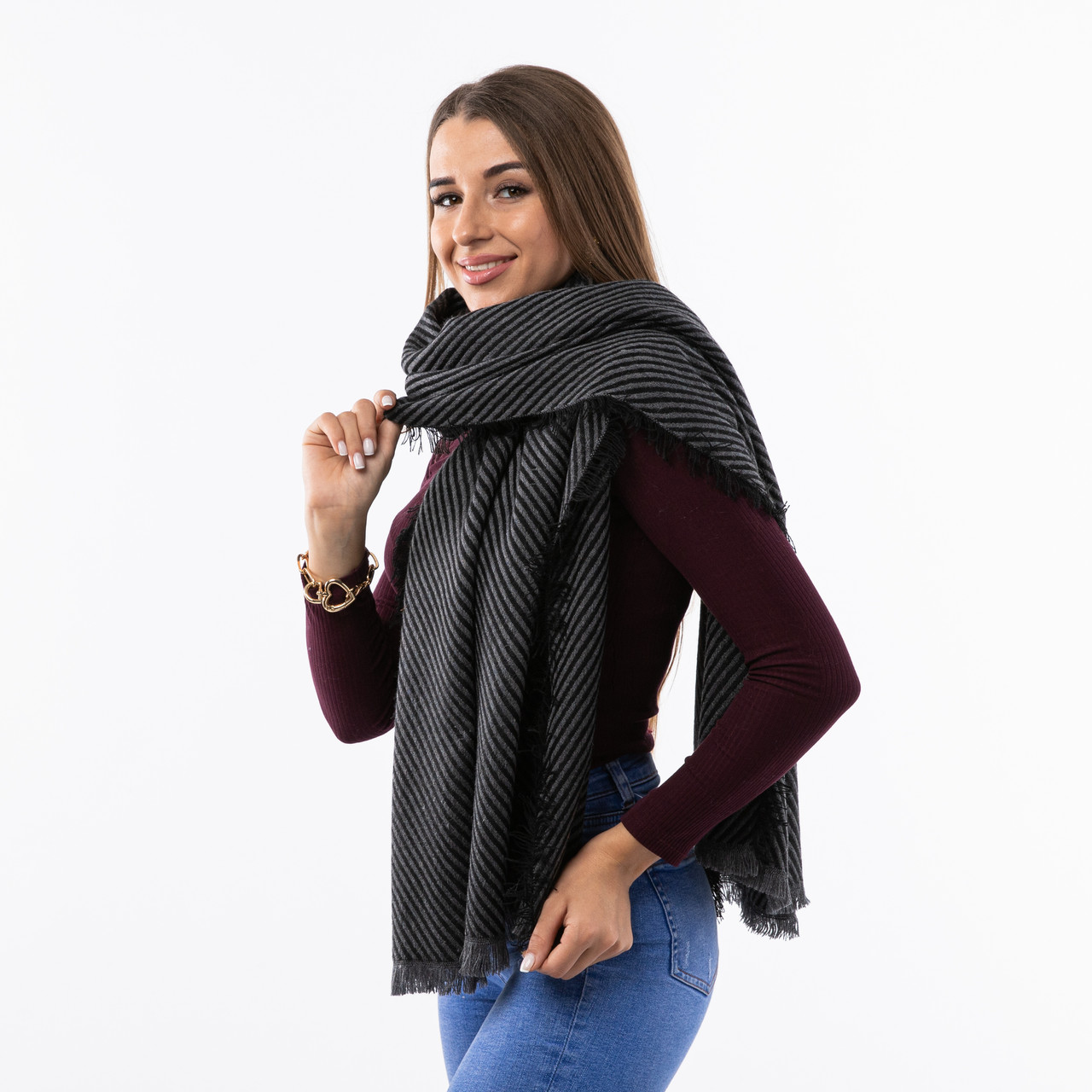 Теплий вовняний шарф 190х70см Чорний, фото 1