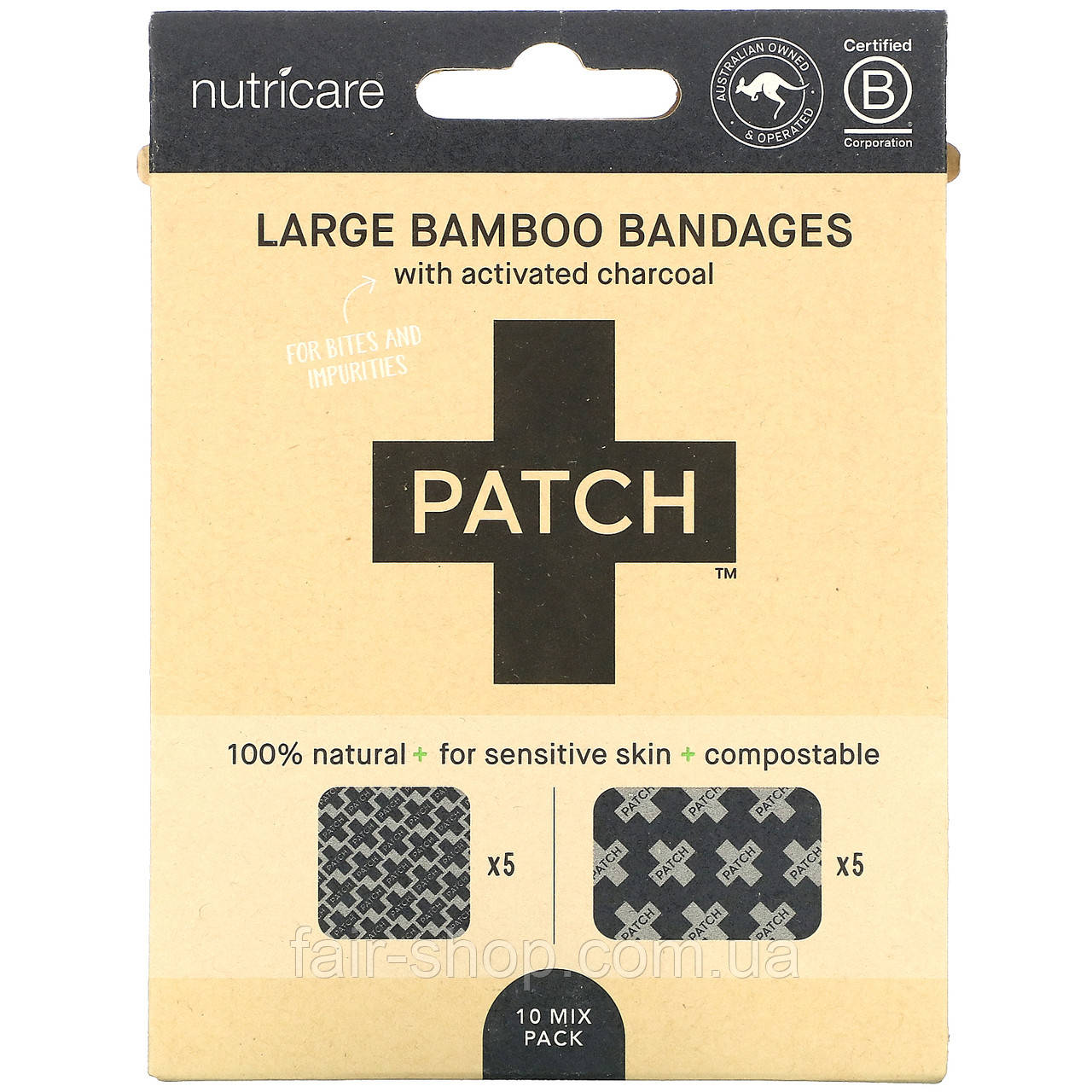 Patch, Patch, Large Bamboo Bandages with Activated Charcoal, 10 Mix Pack, оригінал. Доставка з США/ЄС протягом 14 днів, фото 1