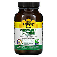 Country Life, Chewable L-Lysine, With Vitamin D and Elderberry, 300 mg, 60 Chewable Tablets - Оригинал