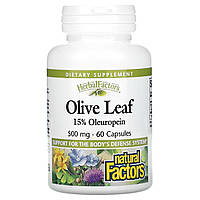 Natural Factors, Herbal Factors, листья оливкового дерева, 500 мг, 60 капсул - Оригинал