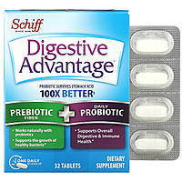 Schiff, Digestive Advantage, пребиотическая клетчатка и ежедневный пробиотик, 32 таблетки - Оригинал