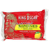 King Oscar, Wild Caught, Sardines In Extra Virgin Olive Oil With Lemon, 3.75 oz (106 g), оригінал. Доставка з США/ЄС протягом 14