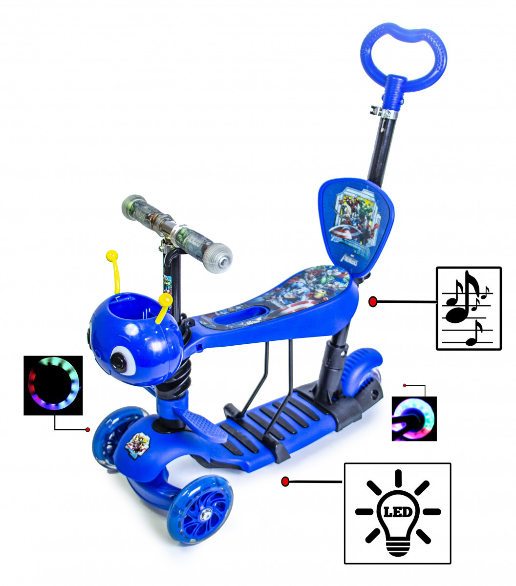 Дитячий самокат Scooter 5in1 зі світними колесами і музикою "Бджілка" Герої синій UB арт. 892
