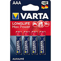 Минипальчиковые батарейки ААА VARTA LONGLIFE MAX POWER AAA 4 шт., щелочные, мизинчиковые, варта