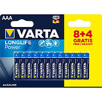 Мініпальчикові батарейки ААА VARTA LONGLIFE POWER AAA 12 шт., лужні, мізинчикові, варта