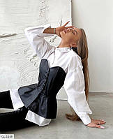 Блуза-рубашка женская свободная котоновая удлиненная с корсетом из эко кожи на кнопках арт 8057