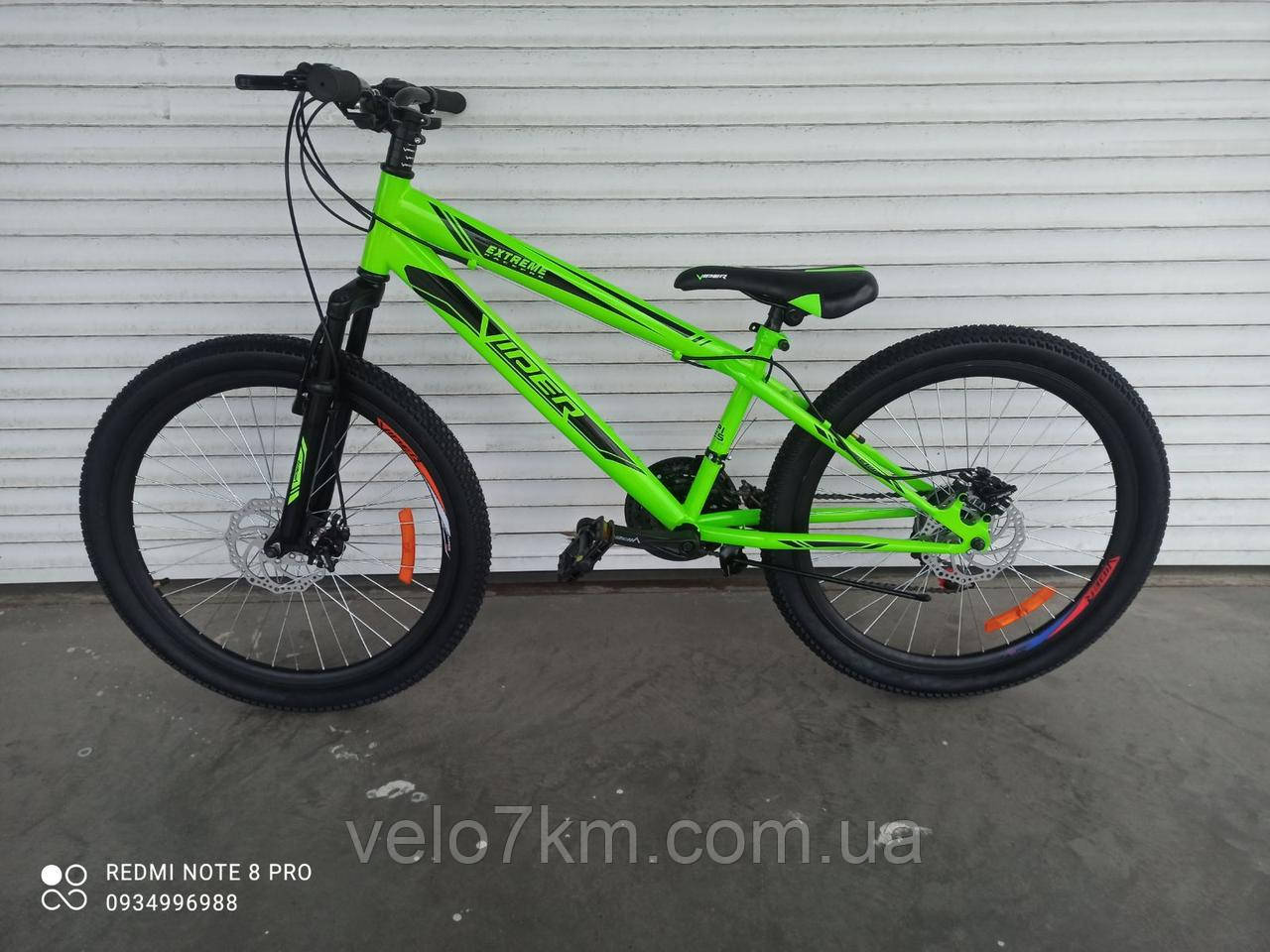 Подростковый горный велосипед Viper Extreme 24"D рама 13" 21 скорость + гель антипрокольный, салатовый
