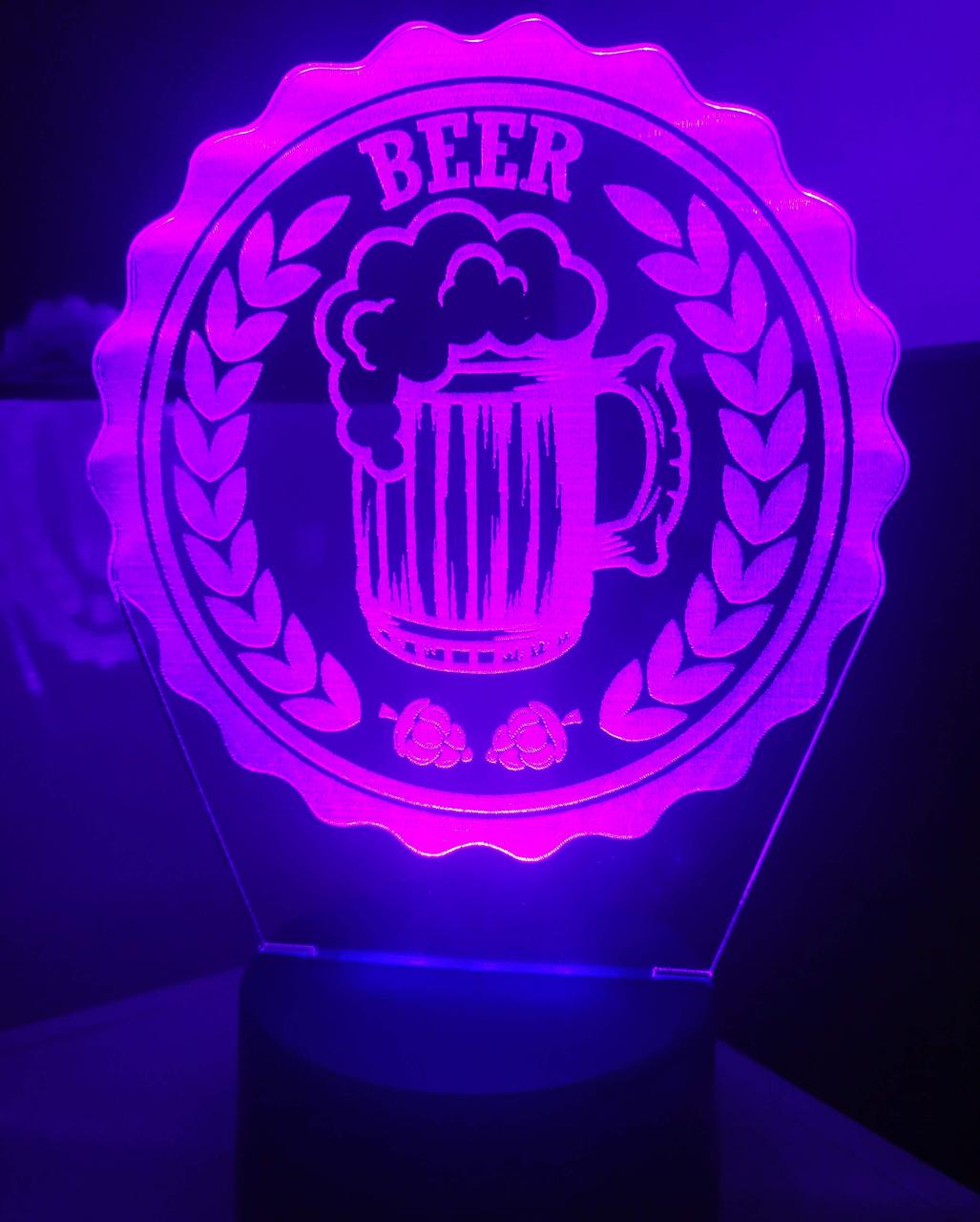 3d-світильник Келих пива, 3д-нічник, кілька підсвіток (на батарейці), подарунок пивовару пивоману, фото 1