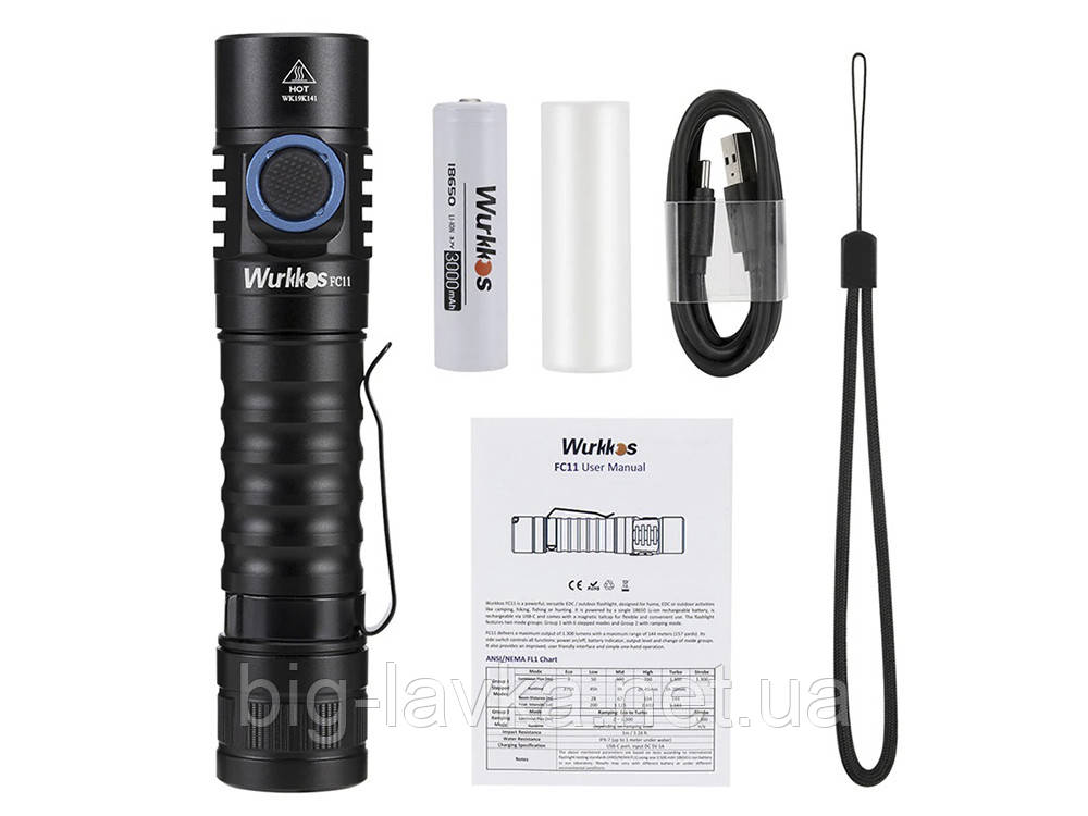 Ліхтар Wurkkos FC11 з магнітом та акумулятором на 3000mAh 1300LM 5000K 18650 USB Type-C 5000K + 18650 3000 mAh Чорний