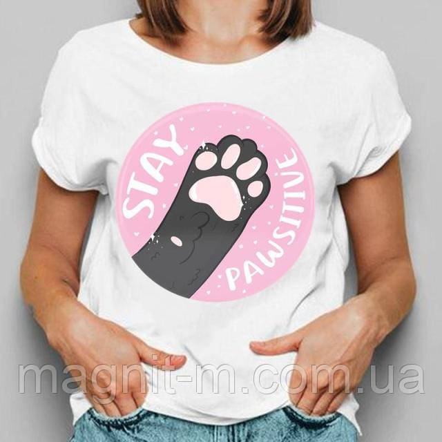 Футболка жіноча з принтом "Stay pawsitive" XS, Білий