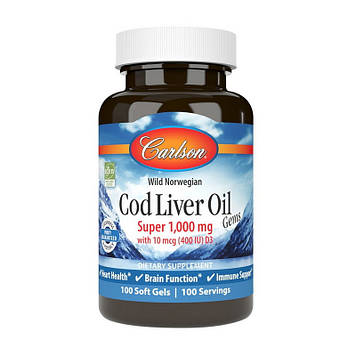 Жир печінки тріски + Д3 Carlson Lab Cod Liver Oil Super 1,000 mg With 10 mcg (400 IU) D3 (100 soft gels)