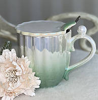 💚Кружка з кришкою та ложкою "Перли" 450 мл Зелена