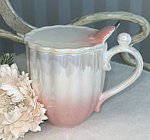 💚Кухоль з кришкою і ложкою "Перли" 450 мл Рожевий