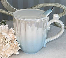 💚Кухоль з кришкою і ложкою "Перли" 450 мл Блакитний