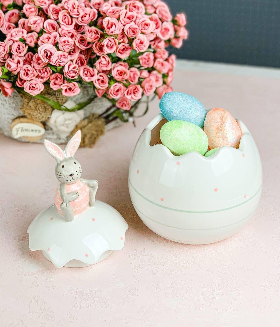 Керамічна банка, вазочка з кришкою "Веселий кролик" 1,4 л. Великодня кераміка, посуд на Гросс, фото 1