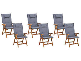 Набір з 6 складаних стільців з дерева акації з синіми подушками JAVA