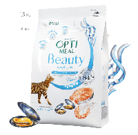 Optimeal (Оптимил) Cat Beauty Podium Shiny Coat Dental для кошек шерсть кожа лосось сельдь 1,5 кг