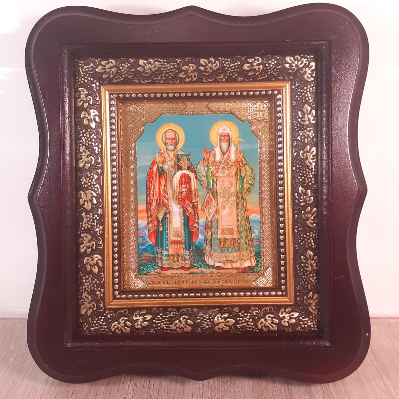 Ікона Святителям Микола Чудотворець і Московський Алексій, лик 10х12 см, в темному дерев'яному кіоті