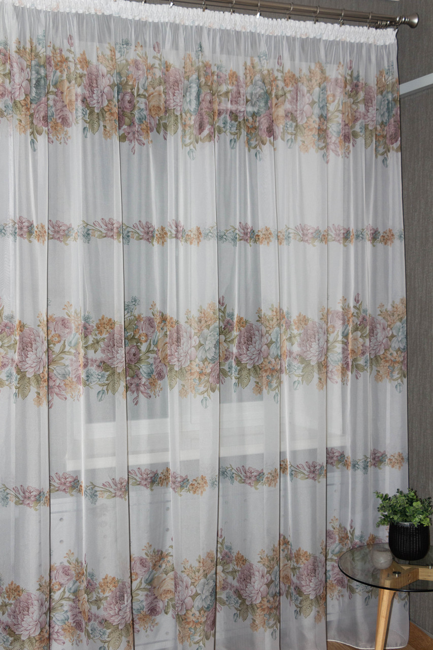 Шифонова тюль (гардина) з квітковим малюнком в спальню вітальню зал Тюль на метраж або з пошиттям