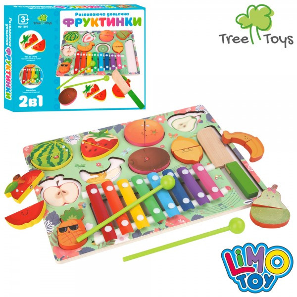 Дерев'яна іграшка Багатофункціональна дошка MD 1895 фрукти-пазли, ксилофон, кор., 30,5-23,5-3 см., фото 1