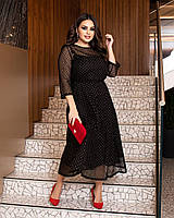 Шикарное нарядное черное платье миди с сеткой флок батальное