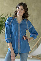 Елегантна жіноча синя полотняна блуза оздоблена тасьмою з вишивкою №7001 42