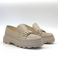 Легкие бежевые лоферы кожаные туфли мокасины женская обувь демисезонная Cosmo Shoes lOfEr Beige 24, 36
