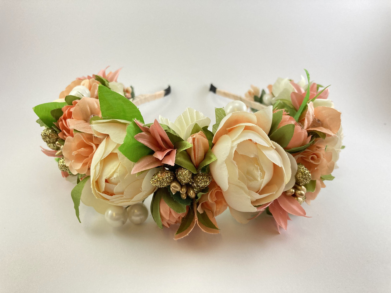Віночок на голову ручної роботи з пишними персиковими квітами, фото 1