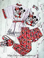 Комплект (піжама та халат) жіночий шовковий з принтом Mickey Mouse рожевий