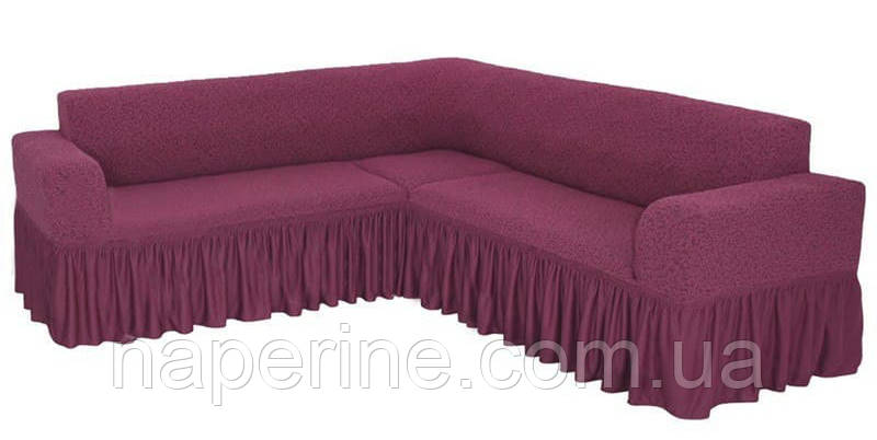 Чехол на угловой диван с рюшем жаккардовый натяжной MILANO фуксия - фото 1 - id-p1583890915